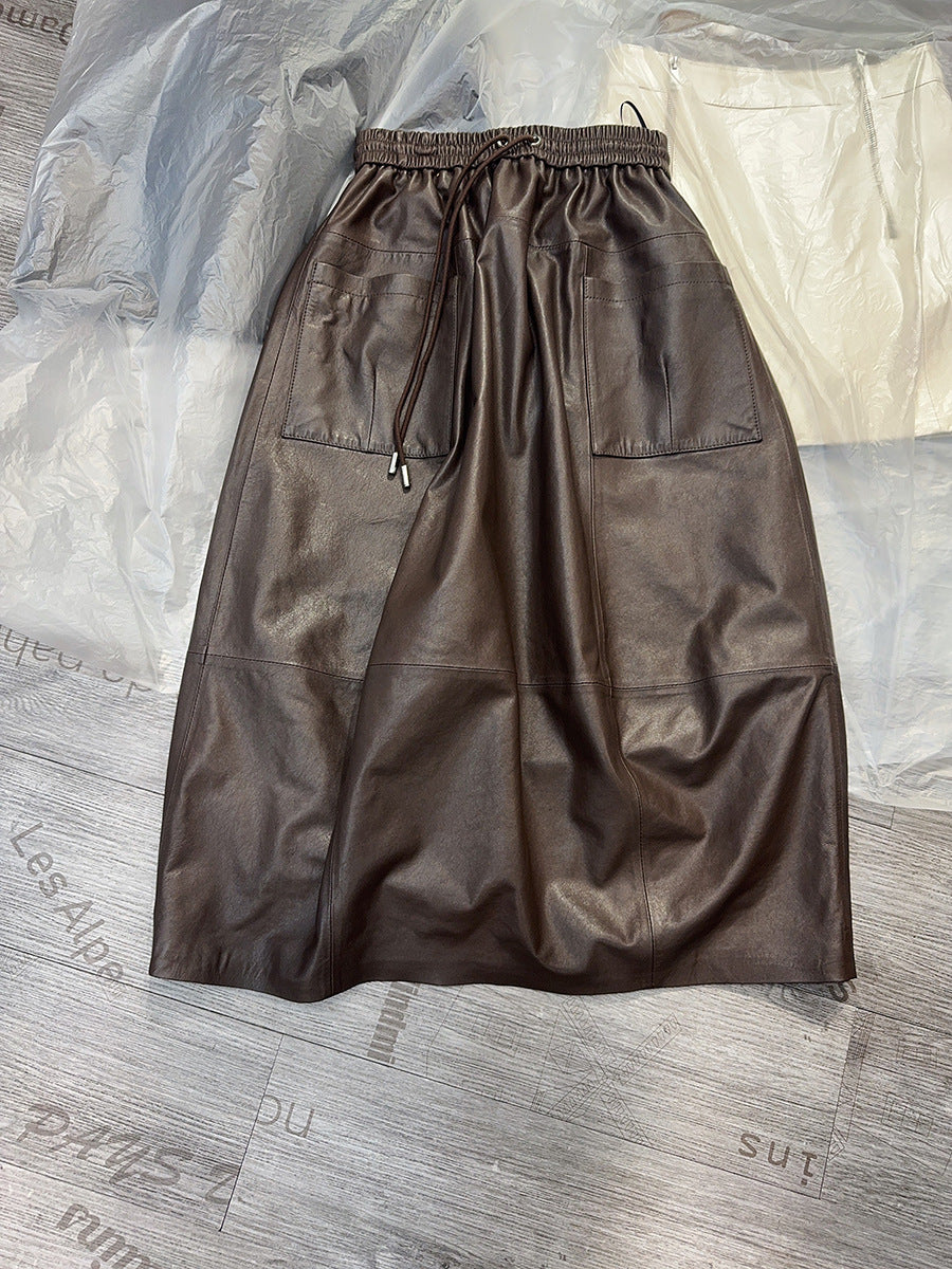 Women Leather Skirt Mid-Length with Pockets & Elastic Waist