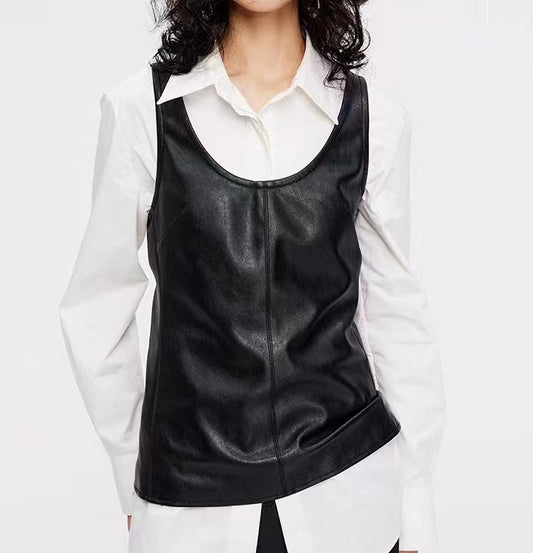 Women Genuine Leather Vest Biker Layered Tank