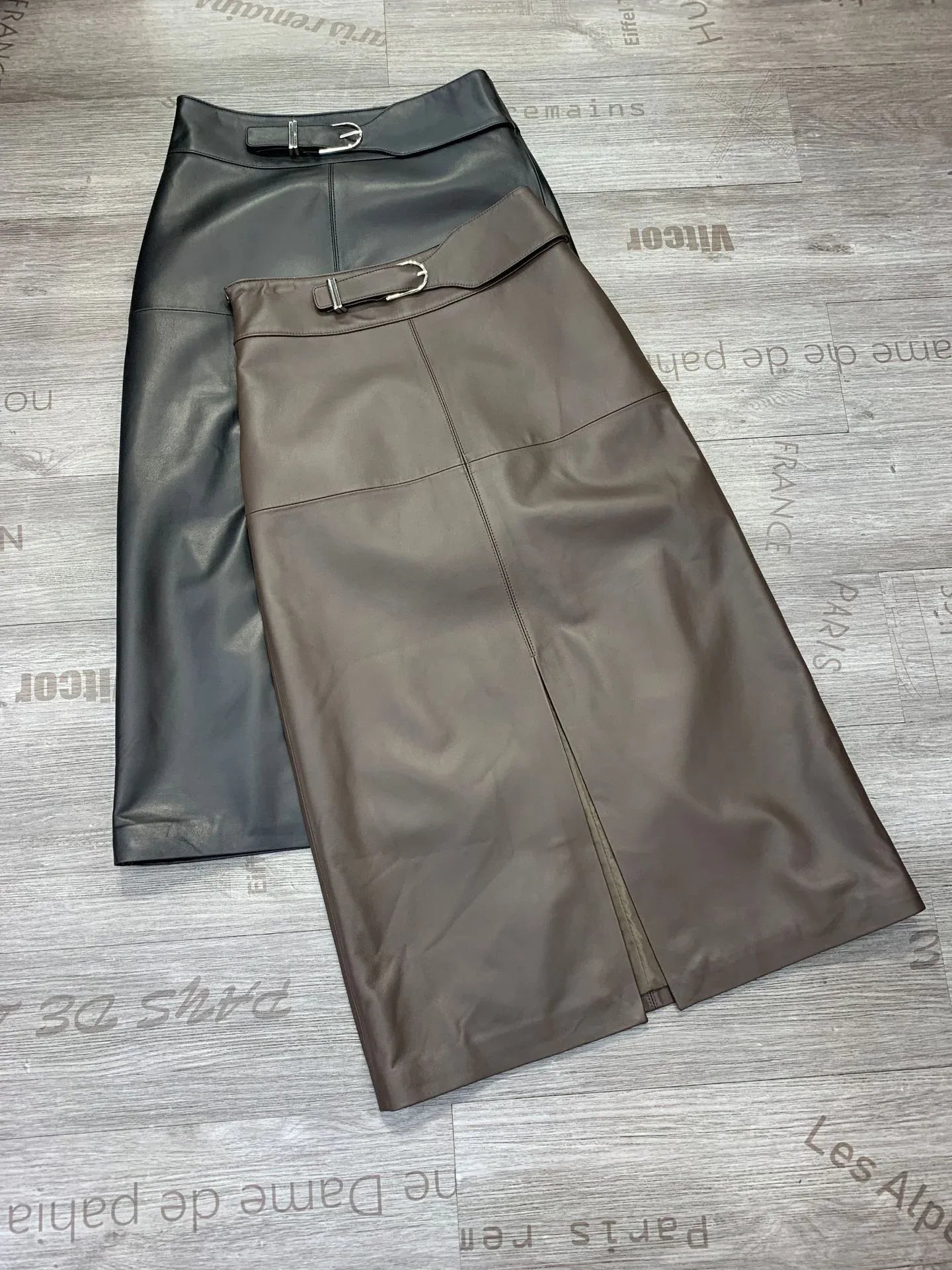 Women sheepskin leather midi skirt with belt