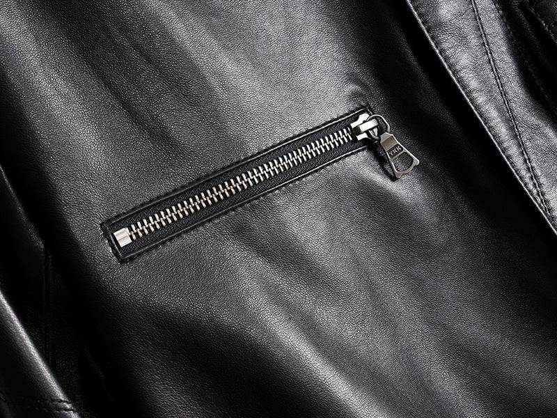 Women’s Leather Moto Trench Coat with Waist Cinch and Buckle Collar