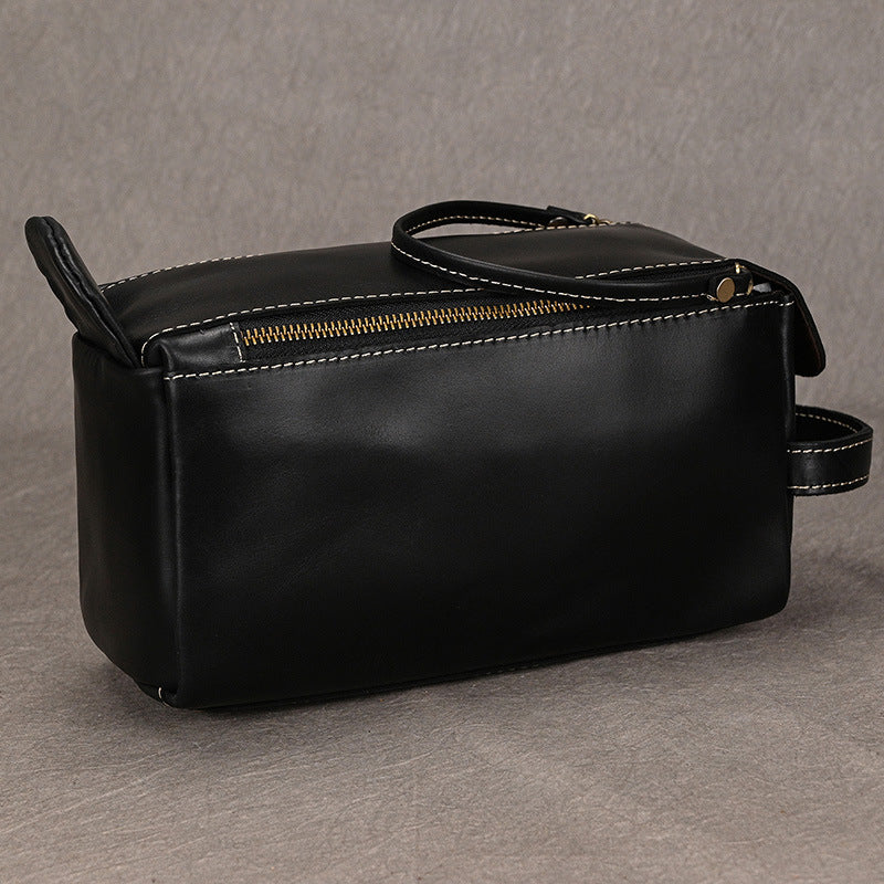 Men’s Genuine Leather Toiletry Bag with Handle and Front Pocket