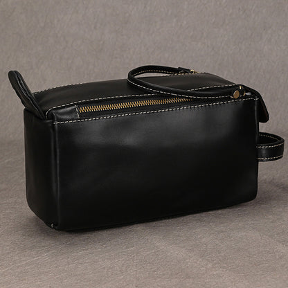 Men’s Genuine Leather Toiletry Bag with Handle and Front Pocket