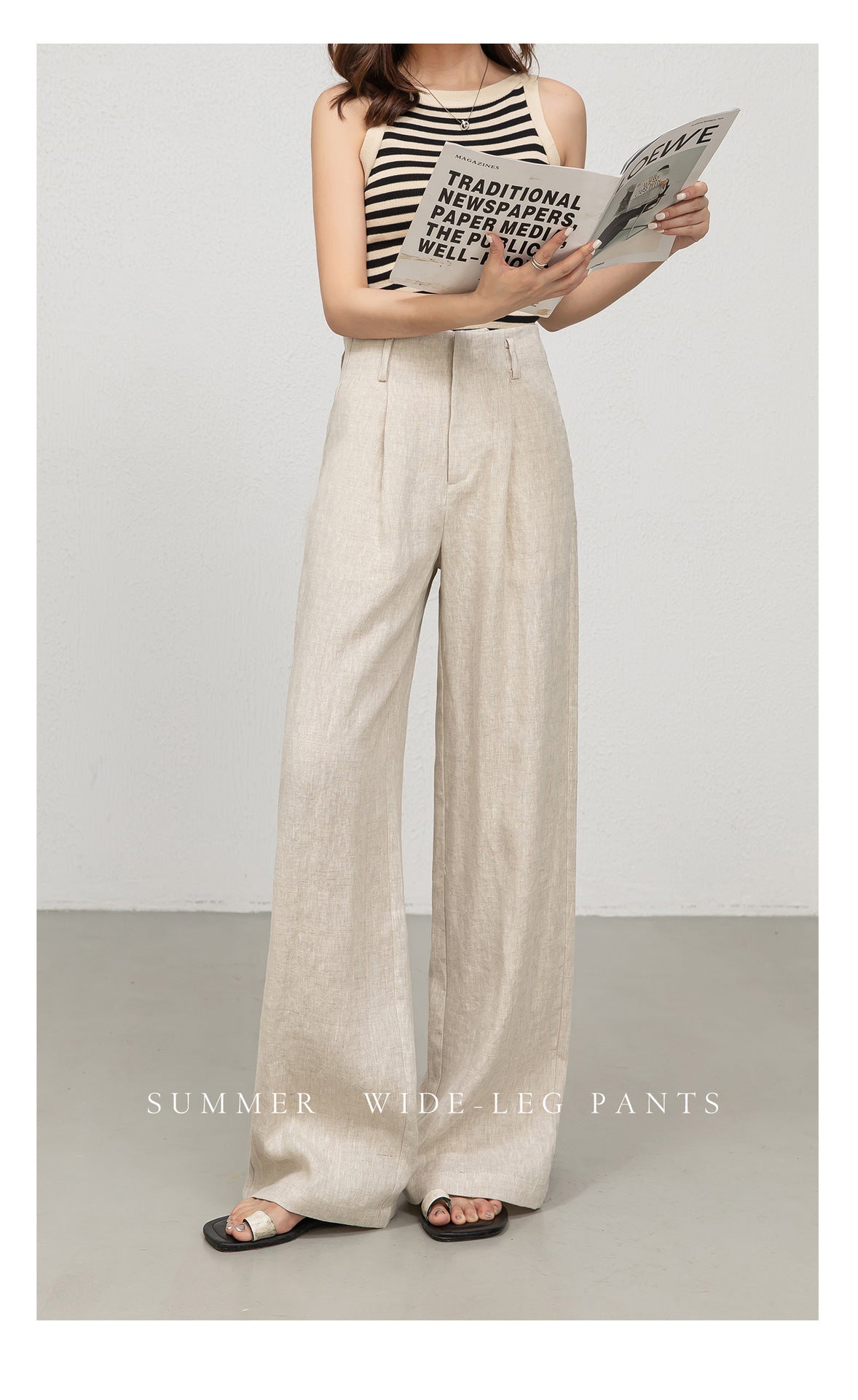 High waist women linen pants with wide leg