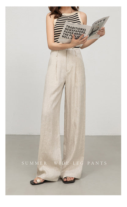 High waist women linen pants with wide leg