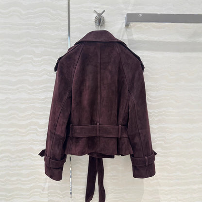 Women Cropped Suede Short Trench Jacket with Belt