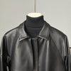 Women black leather jacket with draw string