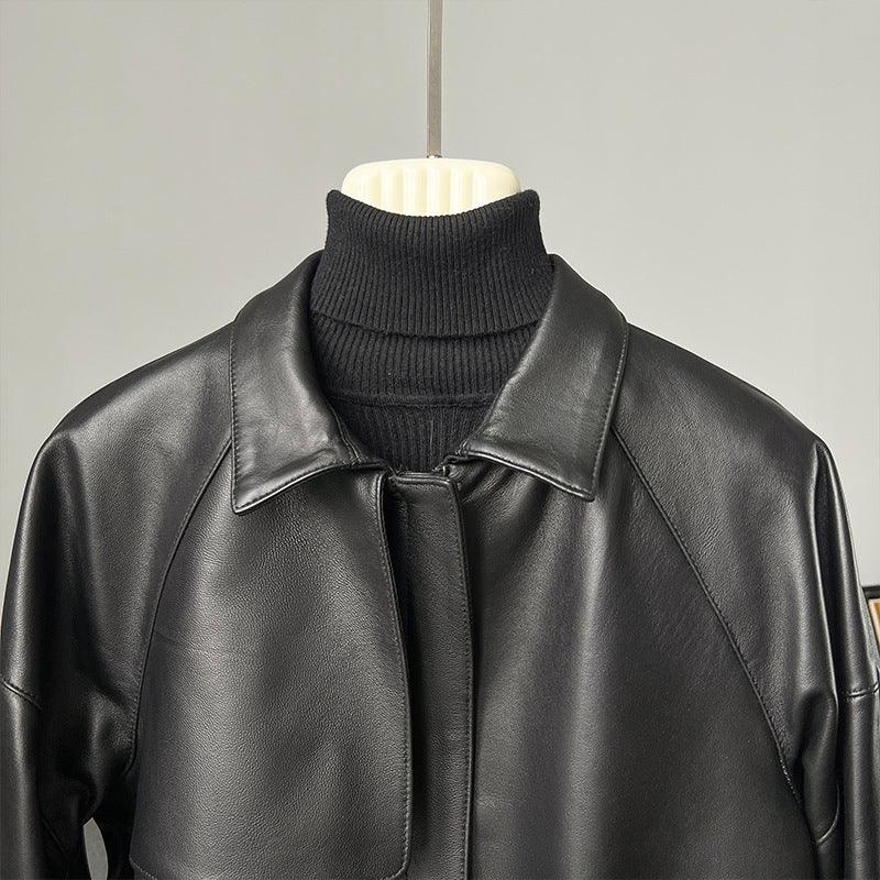 Women black leather jacket with draw string