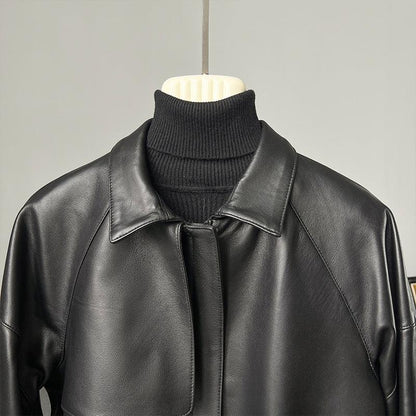 Women black leather jacket with draw string
