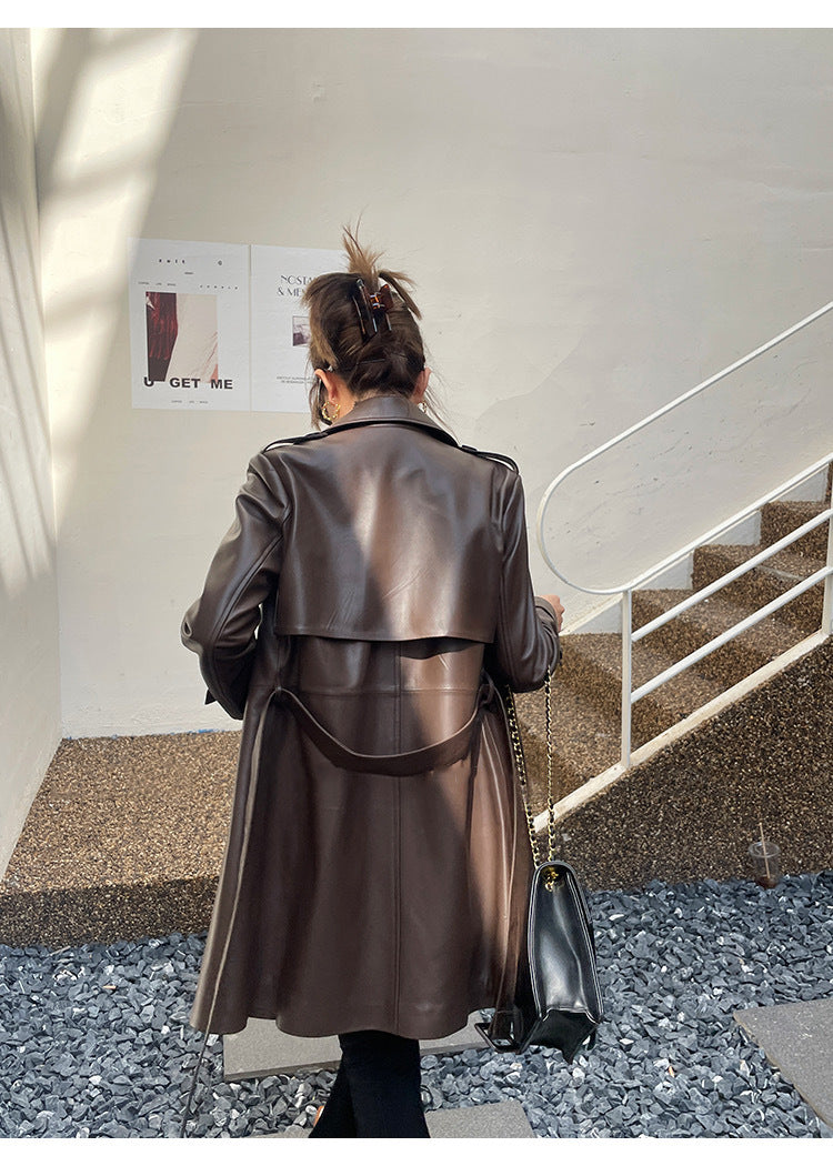 Women sheepskin leather trench coat jacket