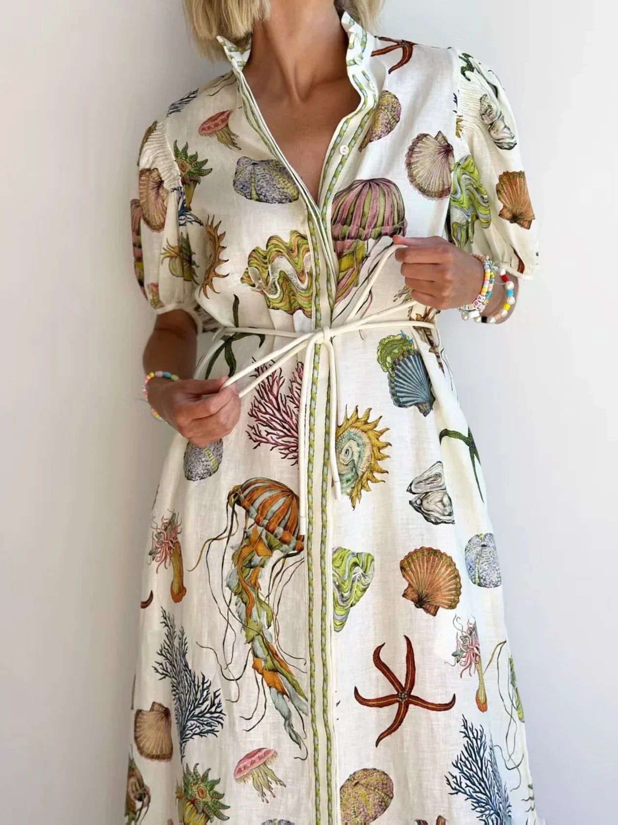 Sea print linen summer maxi dress for women