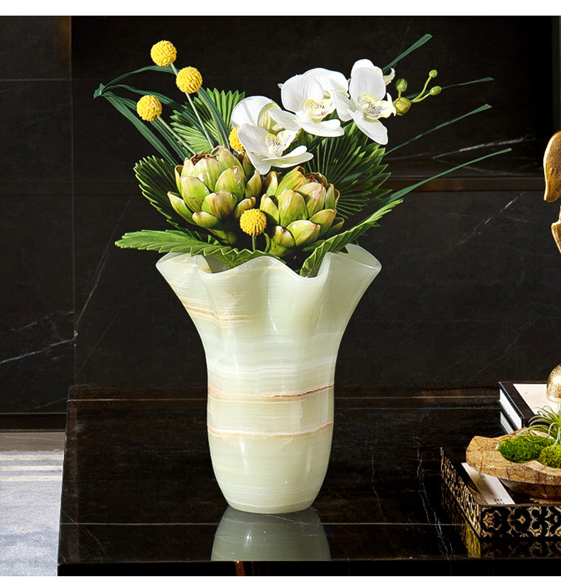 Natural White Jade Marble Flower Vase Hand-Carved