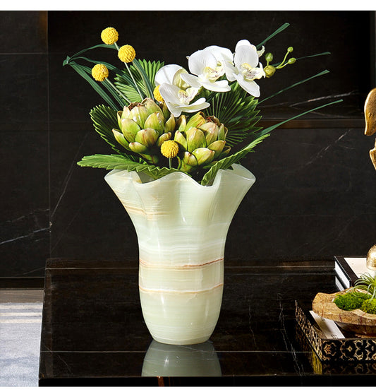 Natural White Jade Marble Flower Vase Hand-Carved