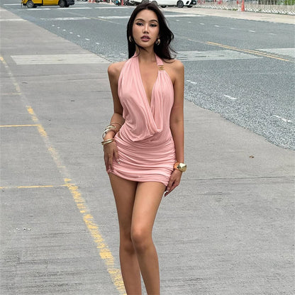 Street Style Deep V Mesh Mini Dress with Ruched Skirt