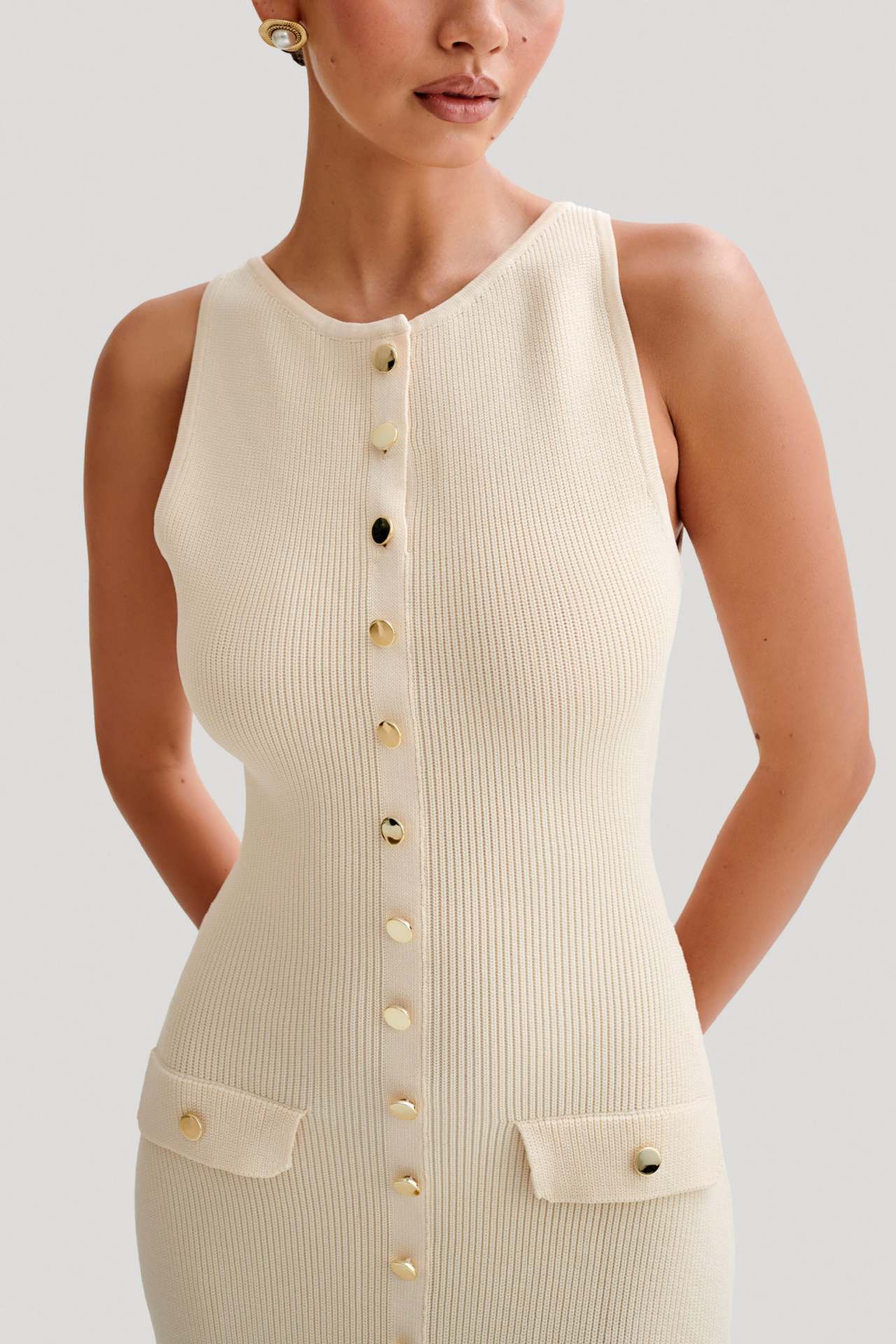 Sleeveless Ribbed Button-Front Knit Dress