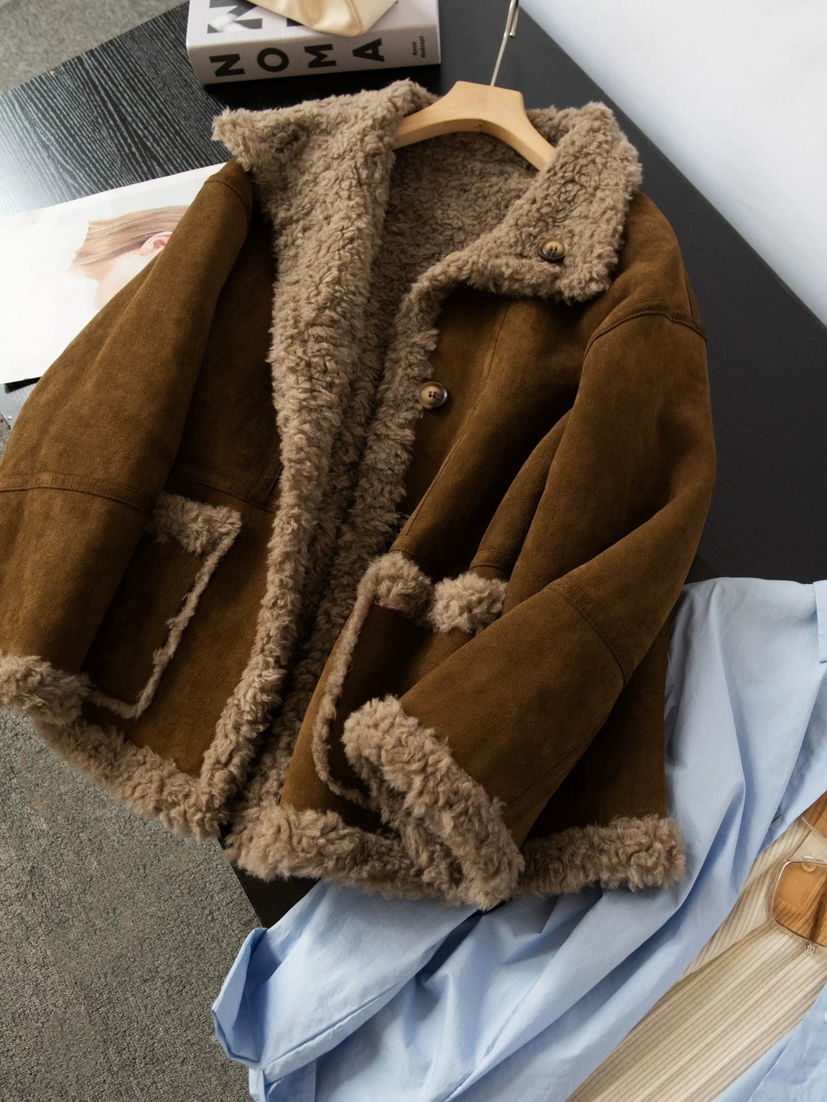 Women's Wool Coat Reversible Brown Suede-Look Winter Jacket