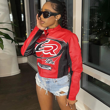 Women's Red Faux Leather Jacket with Cropped Biker Bomber Fit
