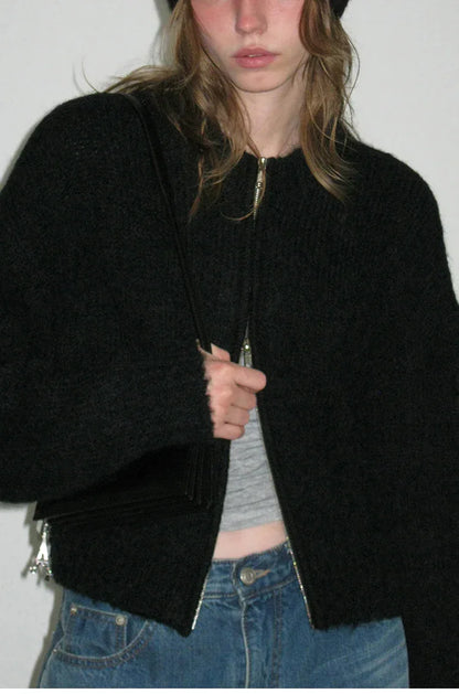 Women low waist zip cardigan knit outerwear