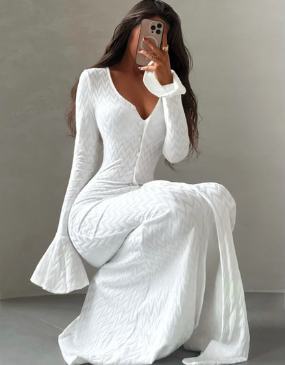 White button front bodycon maxi dress with flared cuffs