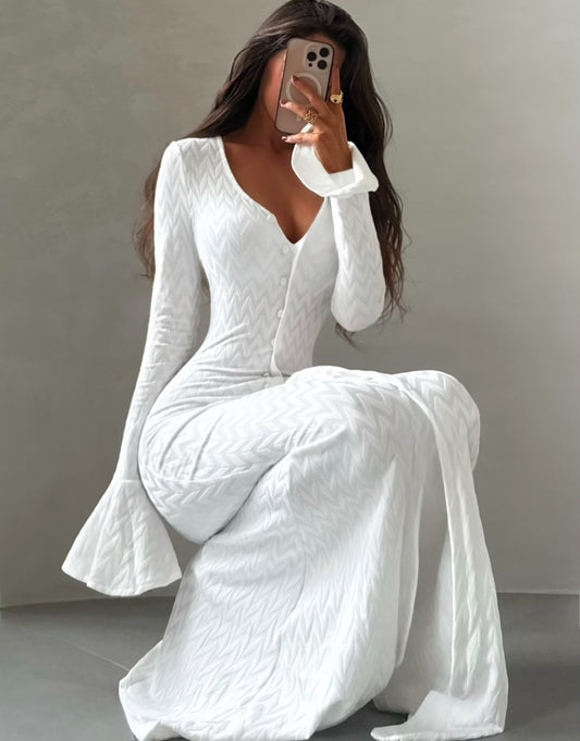 White button front bodycon maxi dress with flared cuffs