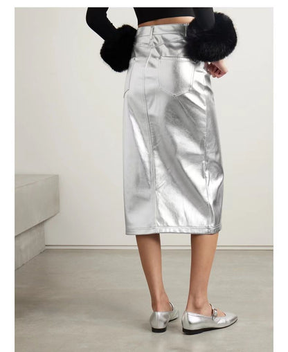 Silver Metallic Leather Skirt High Waist Midi with Front Slit