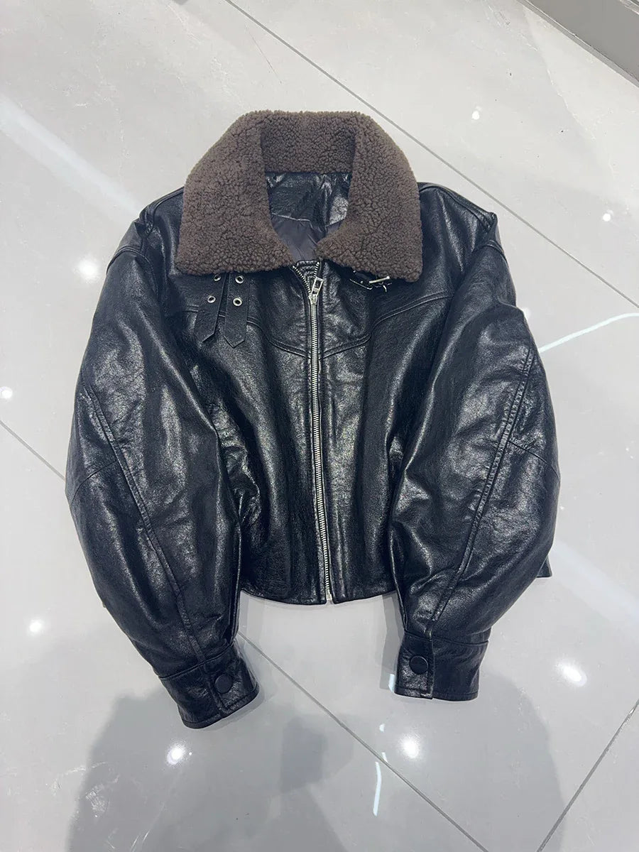 women genuine sheepskin bomber jacket with fur collar