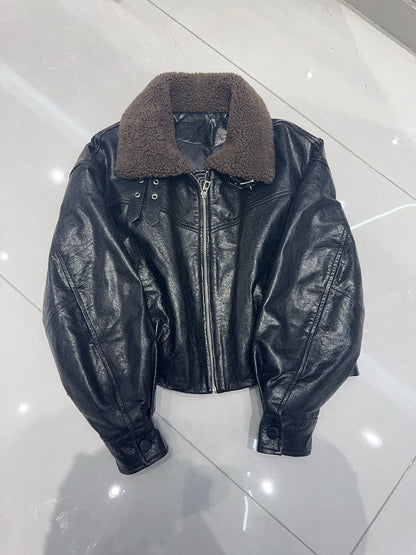 women genuine sheepskin bomber jacket with fur collar