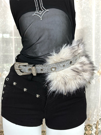 Faux fur diamond waist belt women y2k rhinestone punk style