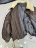 Leather bomber jacket for women with wool fur collar