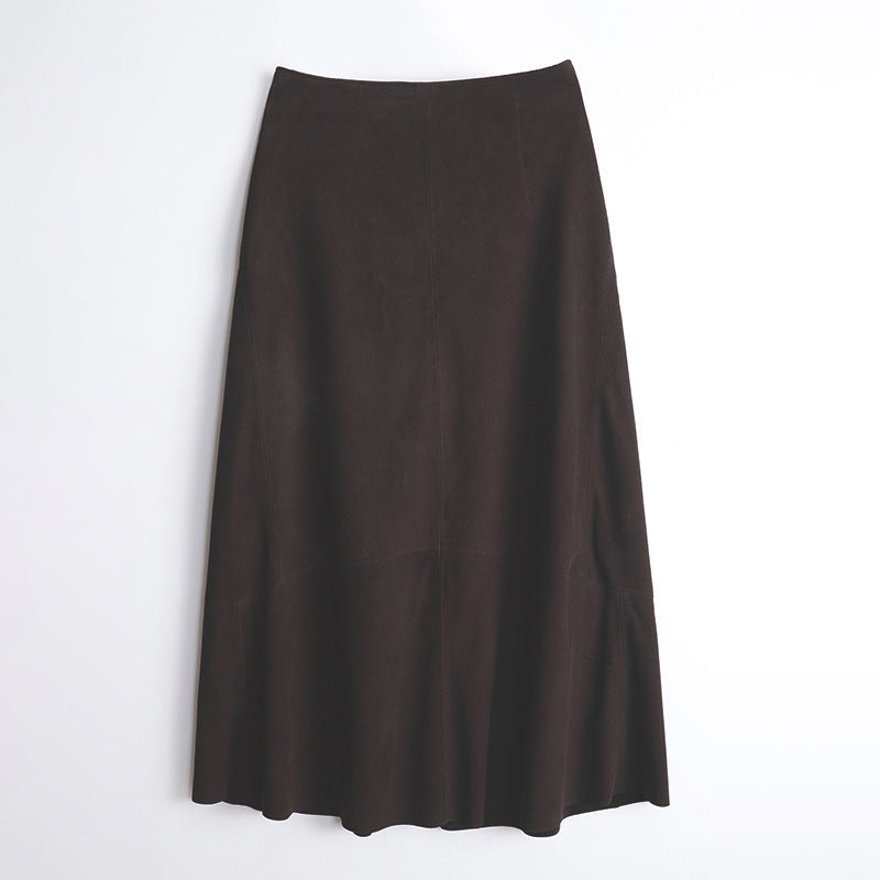 Women Genuine Leather Suede Skirt High Waist Midi Umbrella Cut