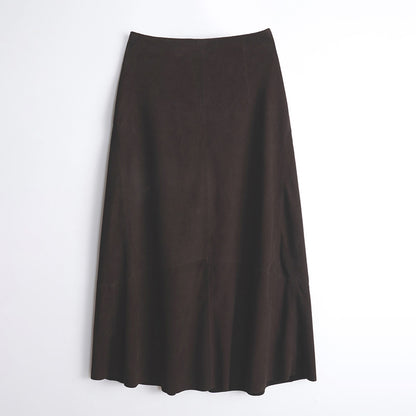 Women Genuine Leather Suede Skirt High Waist Midi Umbrella Cut