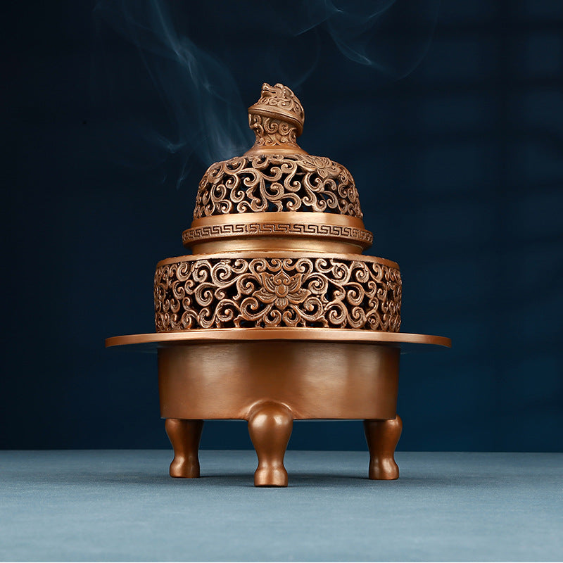 Copper Incense Burner with Three Legs and Decorative Openwork Lid