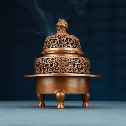 Copper Incense Burner with Three Legs and Decorative Openwork Lid