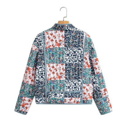 Women Patchwork Floral Print Woven Coat Quilted Polyester Jacket