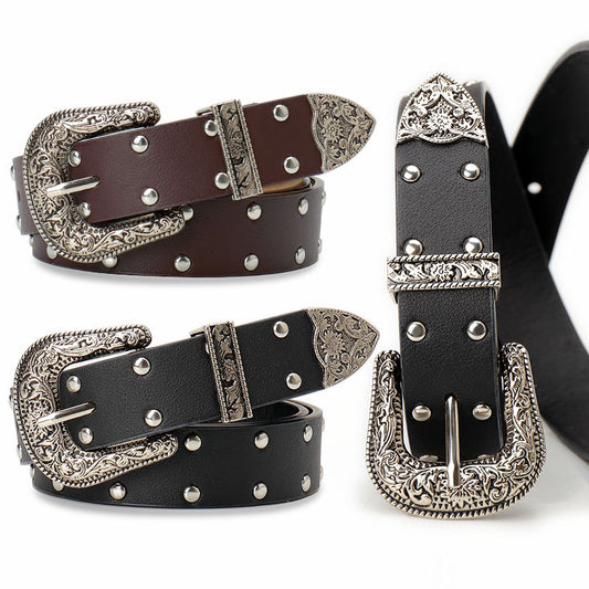 Retro double rivet western belt with engraved buckle for women