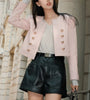 Women Cropped Leather Jacket Round Neck with Gold Buttons