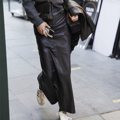 Leather maxi skirt with back slit