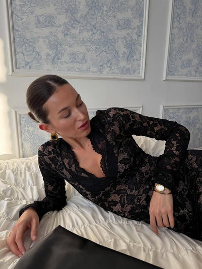 Deep v black sheer lace bodycon mini dress