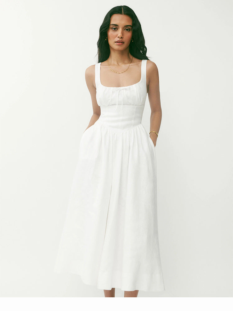 White linen a line midi sundress square neck summer