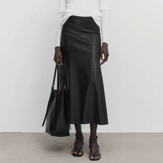 Women’s Genuine Leather High Waist Midi Skirt