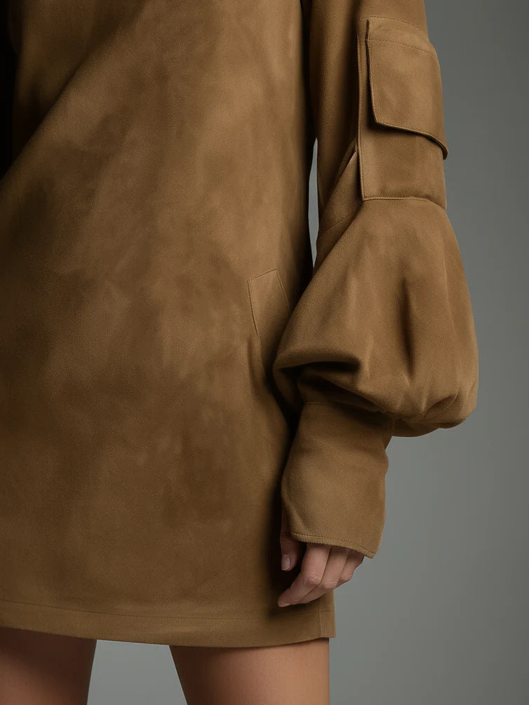 Women faux suede retro lapel mini dress