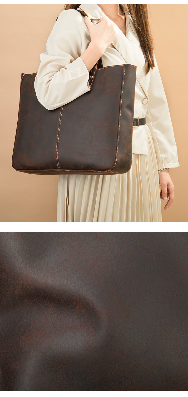 Brown Leather Tote Bag with Zipper for Men and Women