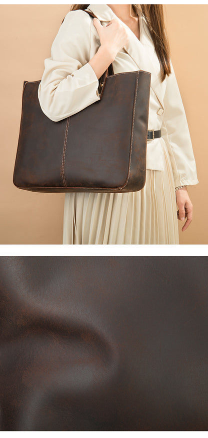 Brown Leather Tote Bag with Zipper for Men and Women