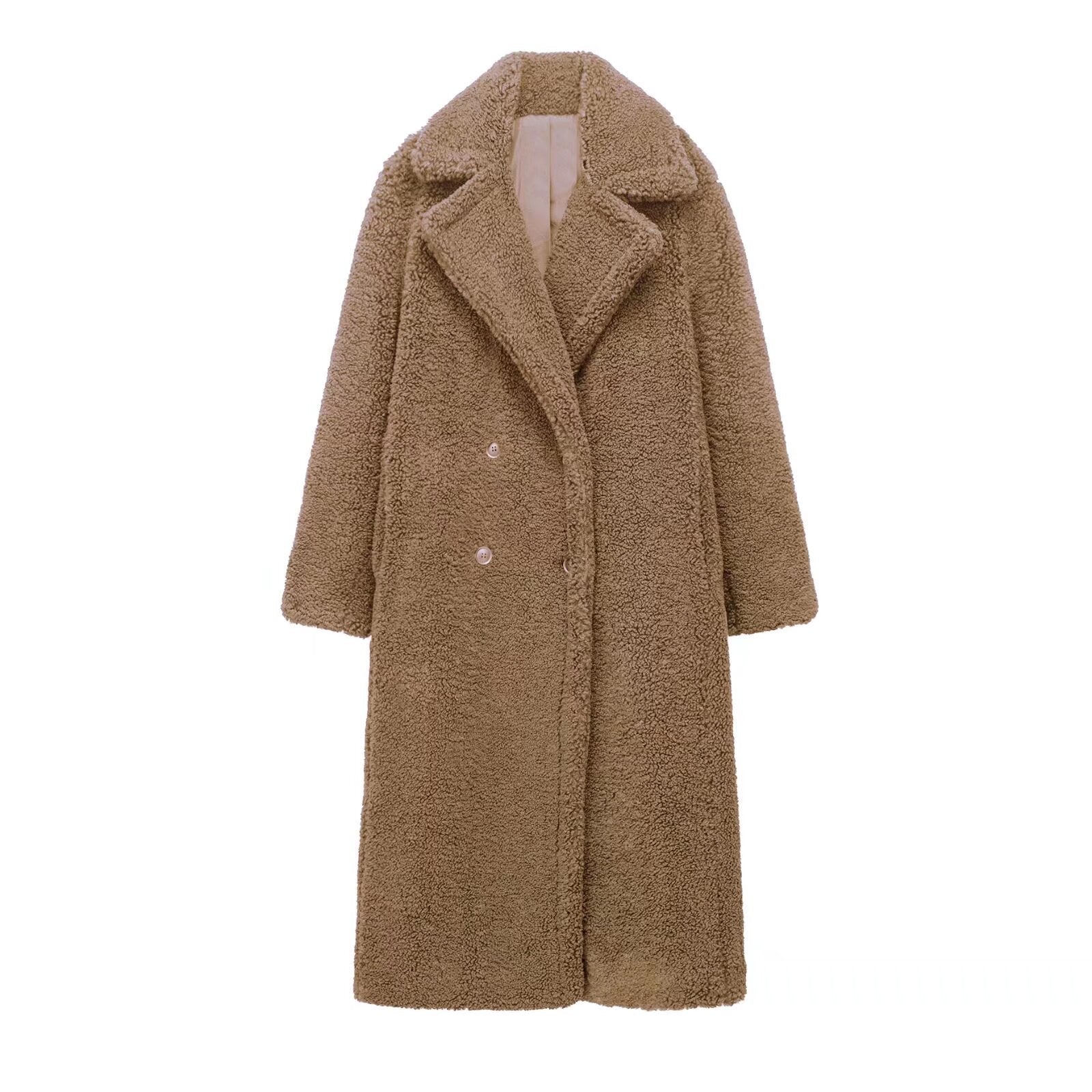 Women's extra long lambswool fleece lapel coat