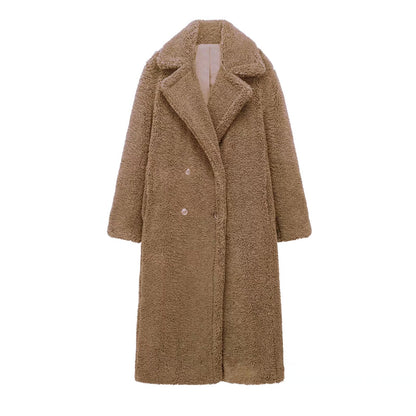 Women's extra long lambswool fleece lapel coat