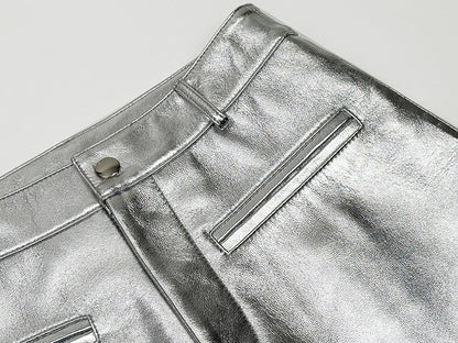 Women’s Silver Leather Mid-Rise  Shorts