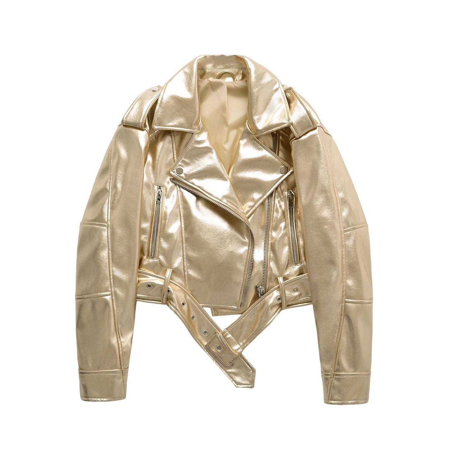 Women Retro Faux Leather Biker Jacket Cropped Moto Jacket with Belt