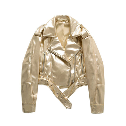 Women Retro Faux Leather Biker Jacket Cropped Moto Jacket with Belt