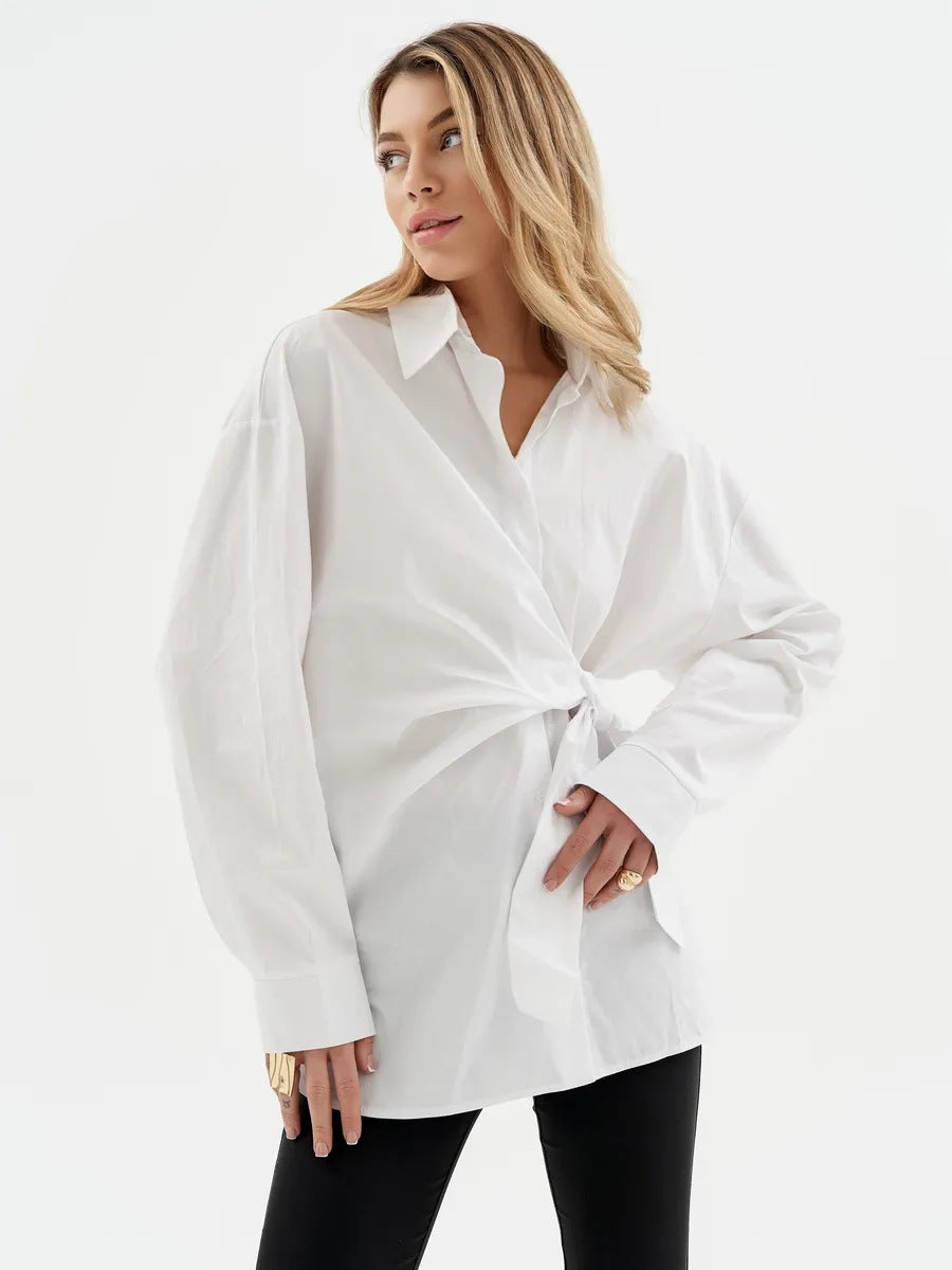 Women wrap tie waist long sleeve blouse
