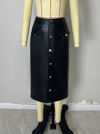 Black PU Leather Midi Skirt with Front Buttons and Pockets