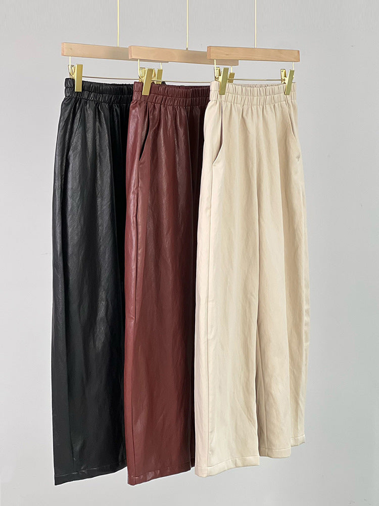 Women Leather Baggy Pants Retro Elastic Waist Loose Fit